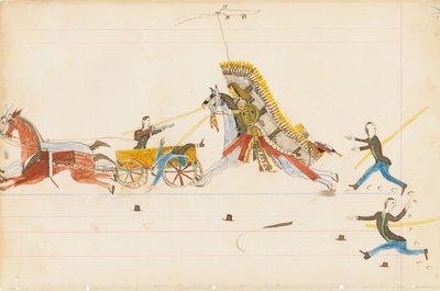 Howling Wolf Fighting Soldiers, 1874-75 (pióro, atrament i toaleta na papierze księgowym) autorstwa Howling Wolf