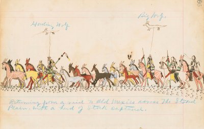 Powrót z najazdu do Starego Meksyku przez Równiny Staked z przechwyconym stadem, 1874-75 (pióro, atrament i toaleta na papierze księgowym) autorstwa Howling Wolf