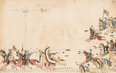 Walka pod Chmurą i Wyjącym Wilkiem z gen. Sullym w 1868 r., 7 Pułk Cavy w pobliżu Zaopatrzenia Obozu Teraźniejszości, 1874-75 (pióro, atrament i toaleta na papierze księgowym) autorstwa Howling Wolf