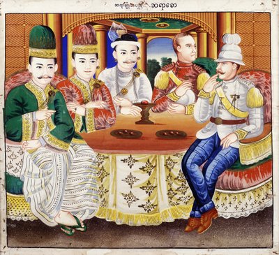 Król Thibaw z dygnitarzami i oficerem brytyjskim (wc na tekstyliach) autorstwa Hsaya Chone and Hsaya Saw