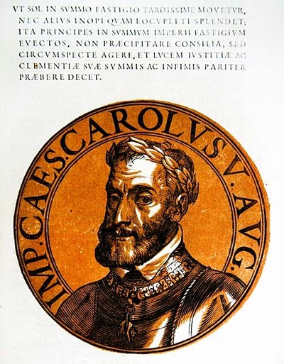 Medalion portret Karola V, Świętego Cesarza Rzymskiego autorstwa Hubert (after) Goltzius