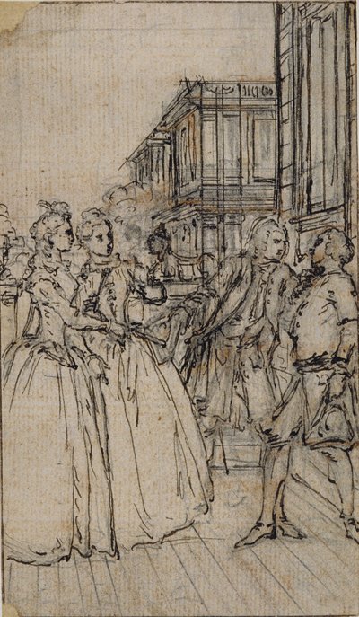 Ilustracja literacka z dwiema damami i dwoma dżentelmenami na ulicy autorstwa Hubert Francois Gravelot