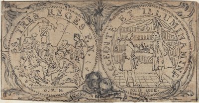 Medaliony ozdobne z Pokłonem Trzech Króli i dwoma bibliofilami autorstwa Hubert Francois Gravelot