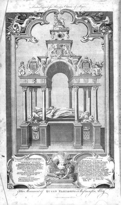 Pomnik królowej Elżbiety w opactwie westminsterskim, ilustracja z „Historii Anglii” Rapina, rytowany przez Johna Goldara, 1786 autorstwa Hubert Francois Gravelot
