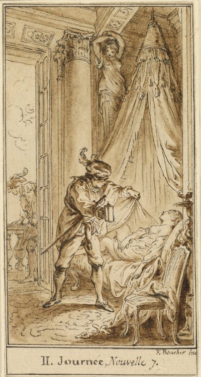 Dzień drugi, opowieść siódma: Książę Aten kontempluje śpiącą księżniczkę Alatiel autorstwa Hubert François Gravelot after François Boucher