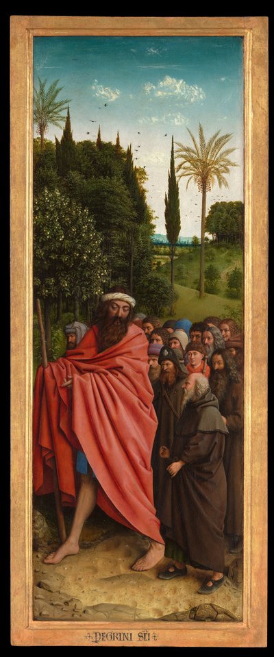 Pielgrzymi prowadzeni przez św. Krzysztofa z prawej strony Ołtarza Gandawskiego autorstwa Hubert & Jan van (1390 1441) Eyck