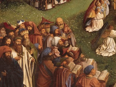Fragment Adoracji Mistycznego Baranka ze środkowej płyciny Ołtarza Gandawskiego (olej na desce) autorstwa Hubert & Jan van (1390 1441) Eyck