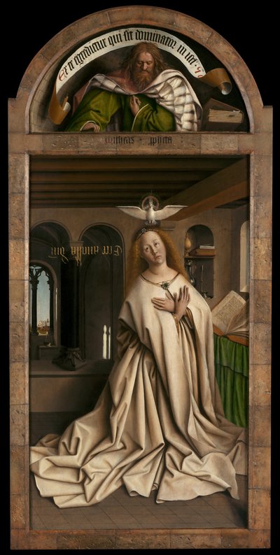Lunette: Prorok Micheasz. Dolny panel: Virgin Annunciate, z zewnątrz prawego panelu Ołtarza Gandawskiego autorstwa Hubert & Jan van (1390-1441) Eyck