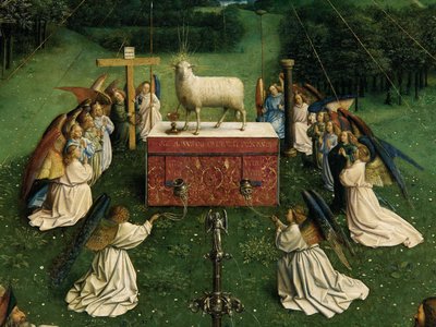Adoracja Mistycznego Baranka z Ołtarza Gandawskiego, fragment dolnej połowy panelu środkowego autorstwa Hubert & Jan van (1390 1441) Eyck