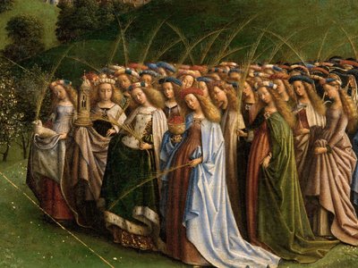 Adoracja Mistycznego Baranka z Ołtarza Gandawskiego, fragment dolnej połowy panelu środkowego autorstwa Hubert & Jan van (1390 1441) Eyck