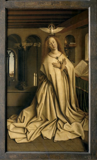 Anioł Gabriel przekazuje wiadomość Marii, fragment Ołtarza Gandawskiego, zamknięty (olej na desce) autorstwa Hubert & Jan van (1390 1441) Eyck