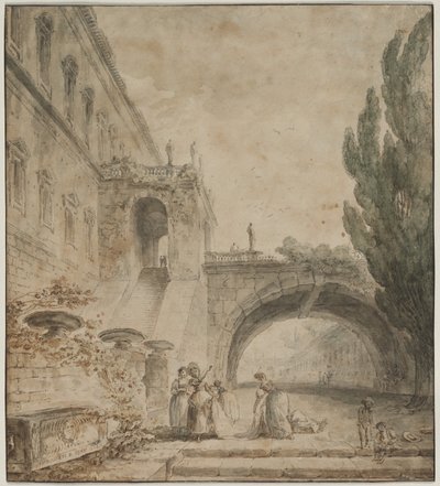 Pałac z mostem łukowym Willa rzymska, 1760 r. autorstwa Hubert Robert