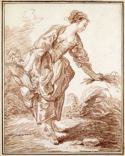 Pasterka zbierająca kwiaty, autorstwa Hubert Robert
