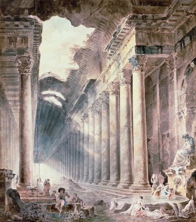 Budynek termalny z kolumnadą, dach częściowo otwarty do nieba, z dziewczętami piorącymi ubrania (akwarela, ołówek, tusz) autorstwa Hubert Robert