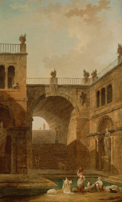 Scena architektoniczna z kobietami piorącymi ubrania na basenie autorstwa Hubert Robert