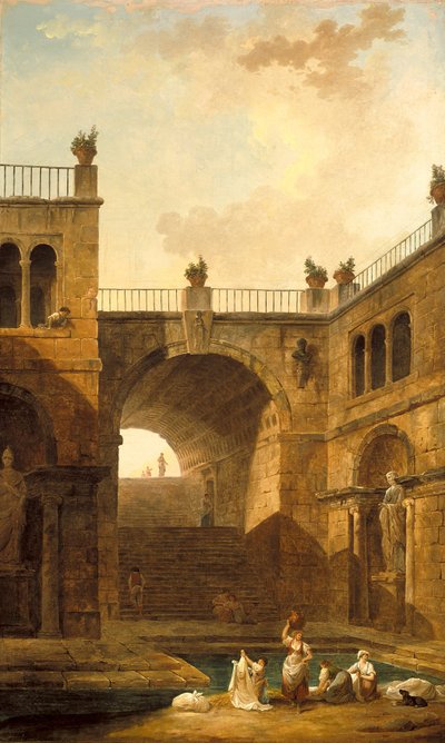 Scena architektoniczna z kobietami piorącymi ubrania przy basenie autorstwa Hubert Robert