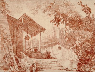 Podwórze gospodarskie z dwiema postaciami przy studni i dużą taczką na pierwszym planie autorstwa Hubert Robert
