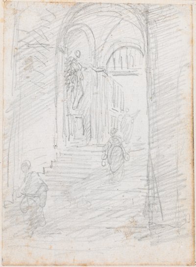 Figury na monumentalnej wewnętrznej klatce schodowej [recto] autorstwa Hubert Robert