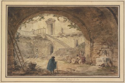 Sklepienie z antyczną fontanną i widokiem na schody autorstwa Hubert Robert