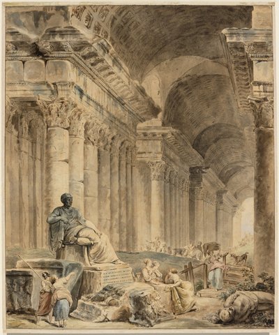 Sklepiona galeria kolumnowa z antycznym posągiem siedzącym autorstwa Hubert Robert