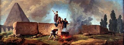 Cyganie gotują kocioł wśród egipskich ruin (olej na płótnie) autorstwa Hubert Robert
