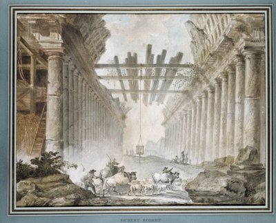 Stado w ruinach świątyni rysunkowej (olej na płótnie) autorstwa Hubert Robert