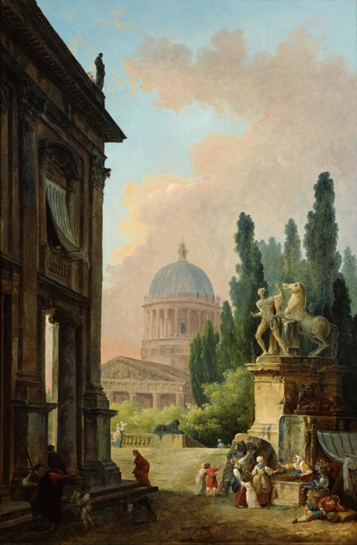 Wyimaginowany widok na Rzym z poskramiaczem koni z Monte Cavallo autorstwa Hubert Robert