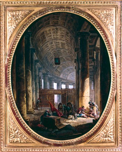 „Wnętrze kolumnady św. Piotra w Rzymie w czasie konklawe 1769” autorstwa Hubert Robert