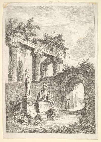 Tablica 3: Posąg przed ruinami: po lewej posążek obok trzech postaci na p..., ca. 1763-64. autorstwa Hubert Robert