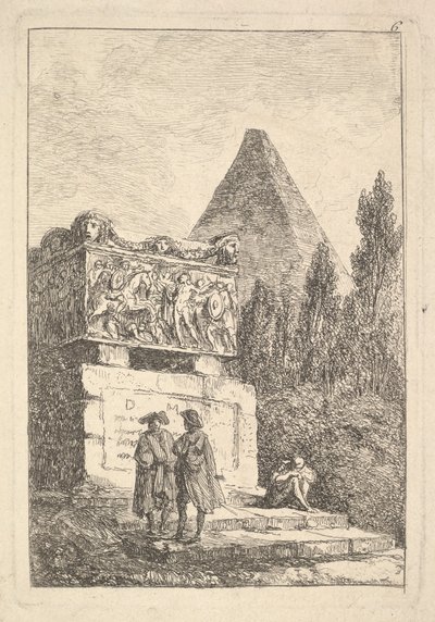 Ilustracja 6: Sarkofag: dwóch rozmawiających mężczyzn w lewo, inny siedzący i śpiący..., ok. godz. 1763-64. autorstwa Hubert Robert