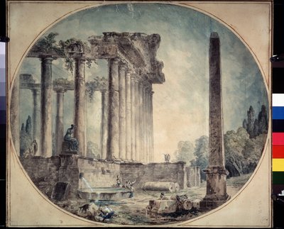 ""Ancient Ruins and Obelisk"" Akwarela Huberta Roberta (1733-1808) 1776 Państwowe Muzeum Sztuk Pięknych im. A. Puszkina, Moskwa, Rosja autorstwa Hubert Robert