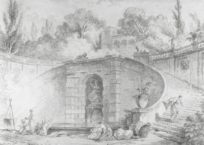 The Large Staircase, 1761-1765 (pióro i czarny tusz, pędzel i szary wash oraz akwarela na czarnej kredzie, podrysunek na papierze białawym, znak wodny) autorstwa Hubert Robert