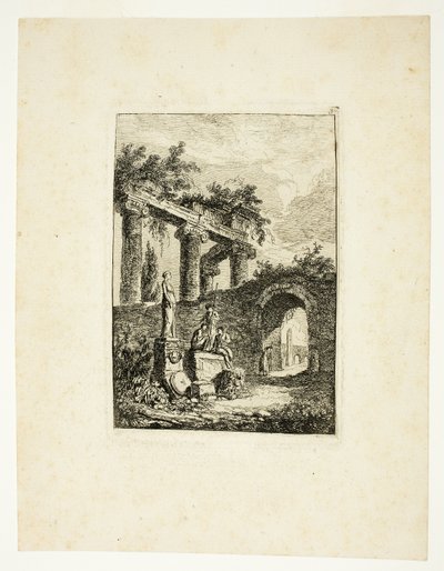 Posąg przed ruinami, płyta trzecia z Les Soirées de Rome autorstwa Hubert Robert