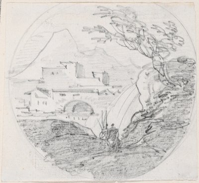 Widok z grzbietu na wioskę i odległą górę autorstwa Hubert Robert