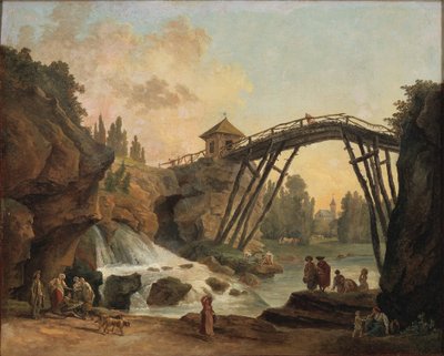 Widok groty i rustykalnego mostu w ogrodzie krajobrazowym w Méréville autorstwa Hubert Robert