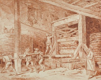 Prasa do wina, ok. 1759 (czerwona kreda na papierze beżowożółtym, nałożona na kartonie kremowym) autorstwa Hubert Robert