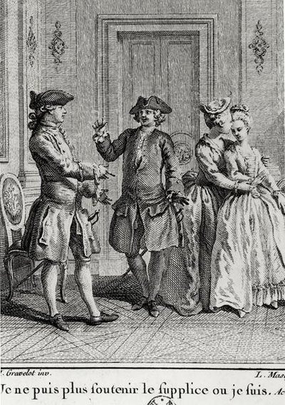 Nie mogę już znieść udręki tutaj, gdzie jestem, ilustracja do Eugenii autorstwa Beaumarchais, rytowana przez Louisa Josepha Masqueliera (1741-1811) autorstwa Hubert after Gravelot