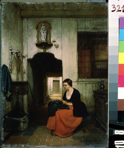 "La brodeuse" (Haftarka) Młoda kobieta szyjąca w belgijskim wnętrzu. Obraz Hubertusa van Hove (1814-1865) 1860 Muzeum Sztuki Michaiła Kroszyckiego, Sewastopol (Sewastopol) Ukraina autorstwa Hubertus van Hove