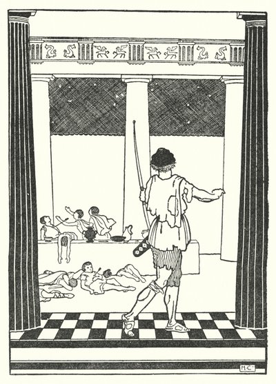 Odyseusz zabijający zalotników Penelopy (litografia) autorstwa Hugh Chesterman
