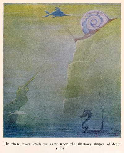 „Na tych niższych poziomach natknęliśmy się na cieniste kształty martwych statków” ilustracja z Podróży Doktora Dolittle autorstwa Hugh Lofting