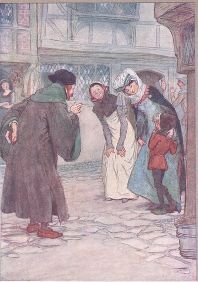 Chodź, sirrah, odpowiedz swemu panu, nie bój się, ilustracja z Wesołych kumosz z Windsoru, 1910 autorstwa Hugh Thomson