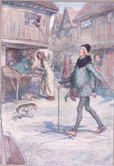 Czyż nie podnosi głowy, jak gdyby? I struct w jego bramie?, ilustracja z Wesołych kuzyn z Windsor, 1910 autorstwa Hugh Thomson