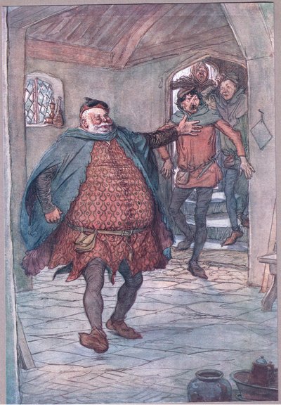 Wejdź Falstaff, pistolet, Nym i Bardolph, ilustracja z Wesołych kumoszków z Windsoru, 1910 autorstwa Hugh Thomson