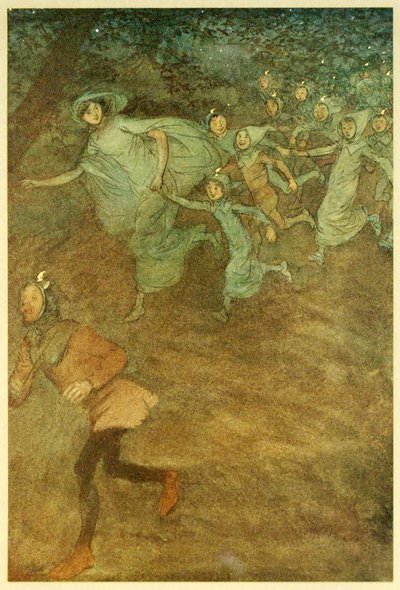 Wchodzi Sir Hugh Evans, Anne Page i inni z The Merry Wives of Windsor, pub. 1910 autorstwa Hugh Thomson