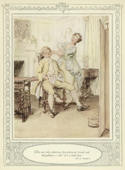 Ilustracja do złotnika Ona pochyla się, by podbić autorstwa Hugh Thomson