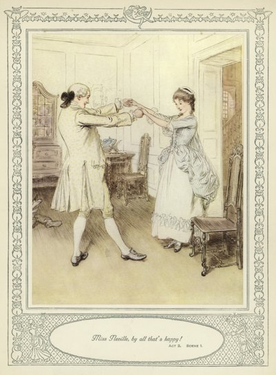 Ilustracja do złotnika Ona pochyla się, by podbić autorstwa Hugh Thomson