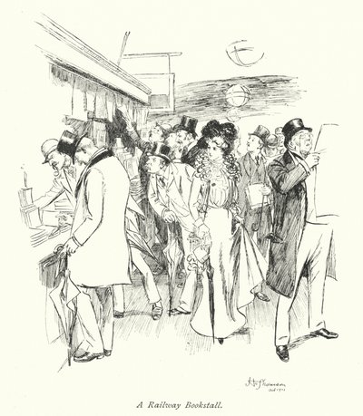 Londyn: A Railway Bookstall (kolorowa litografia) autorstwa Hugh Thomson
