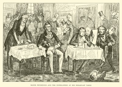 Major Pendennis i intruzi przy stole śniadaniowym (rycina) autorstwa Hugh Thomson