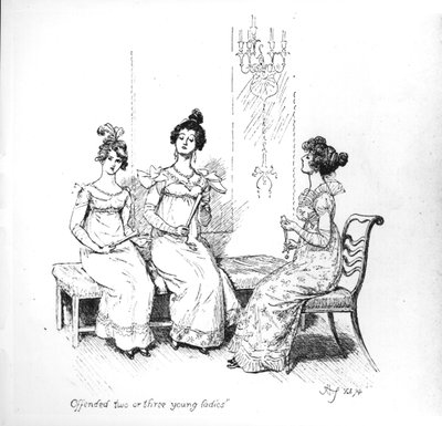 „Obrażone dwie lub trzy młode damy”, siostry Bingley z „Duma i uprzedzenie” Jane Austen, 1894 (rycina) (fot. bw) autorstwa Hugh Thomson