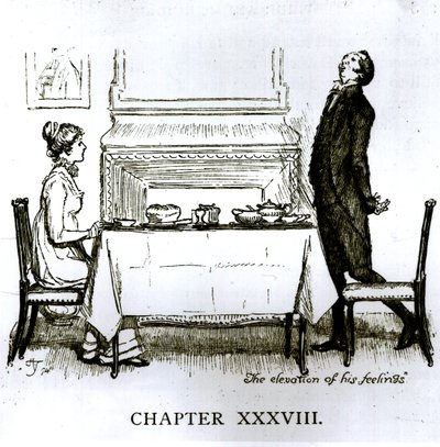 „Podniesienie jego uczuć”, scena z „Duma i uprzedzenie” Jane Austen (1775-1817) autorstwa Hugh Thomson
